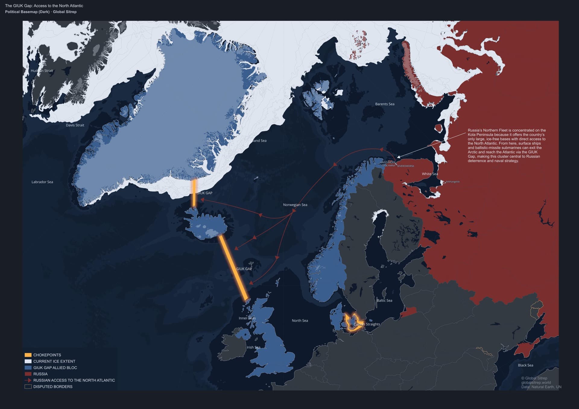 Strategic map of the GIUK Gap showing the chokepoint between Greenland, Iceland, and the UK